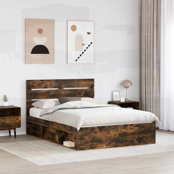 Voodiraam peatsiga, suitsutatud tamm, 140 × 190 cm, männipuit — mudel 3411748