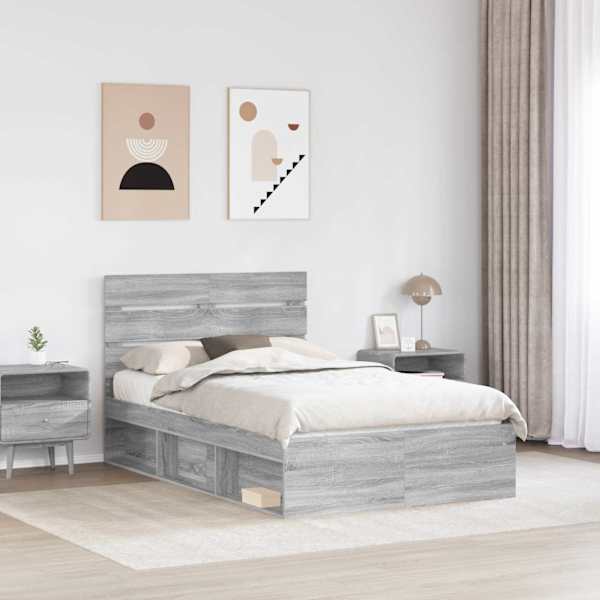 Voodiraam peatsiga, hall sonoma, 135 × 190 cm, männipuit — mudel 3411757