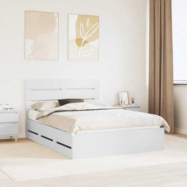 Sahtlitega voodiraam peatsiga, valge, 160 × 200 cm — mudel 3411818