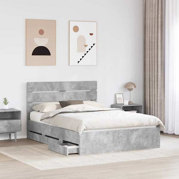 Sahtlitega voodiraam peatsiga, betoonhall, 160 × 200 cm — mudel 3411820