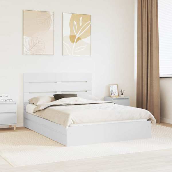 Sahtlitega voodiraam peatsiga, valge, 140 × 190 cm, tehispuit — mudel 3411898