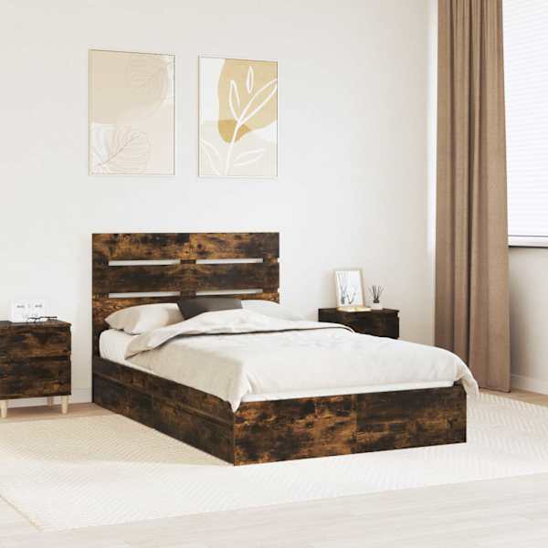 Sahtlitega voodiraam peatsiga, suitsutatud tamm, 135 × 190 cm, tehispuit — mudel 3411906