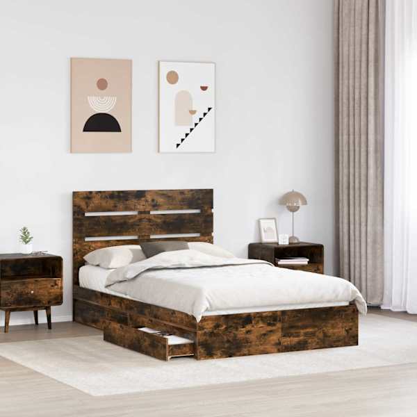 Sahtlitega voodiraam peatsiga, suitsutatud tamm, 135 × 190 cm, tehispuit — mudel 3411906