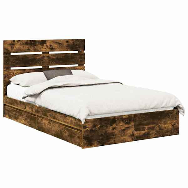 Sahtlitega voodiraam peatsiga, suitsutatud tamm, 135 × 190 cm, tehispuit — mudel 3411906