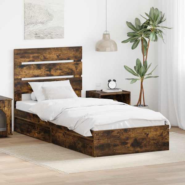 Sahtlitega voodiraam peatsiga, suitsutatud tamm, 100 × 200 cm, tehispuit — mudel 3411921