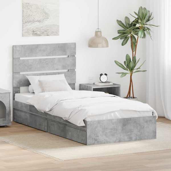 Sahtlitega voodiraam peatsiga, betoonhall, 90 × 190 cm, tehispuit — mudel 3411930