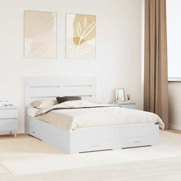 Sahtlitega voodiraam peatsiga, valge, 160 × 200 cm, tehispuit — mudel 3411951