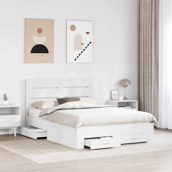 Sahtlitega voodiraam peatsiga, valge, 160 × 200 cm, tehispuit — mudel 3411951