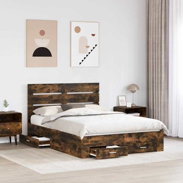 Sahtlitega voodiraam peatsiga, suitsutatud tamm, 150 × 200 cm, tehispuit — mudel 3411962