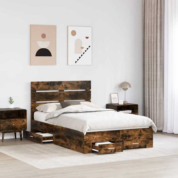 Sahtlitega voodiraam peatsiga, suitsutatud tamm, 135 × 190 cm, tehispuit — mudel 3411984