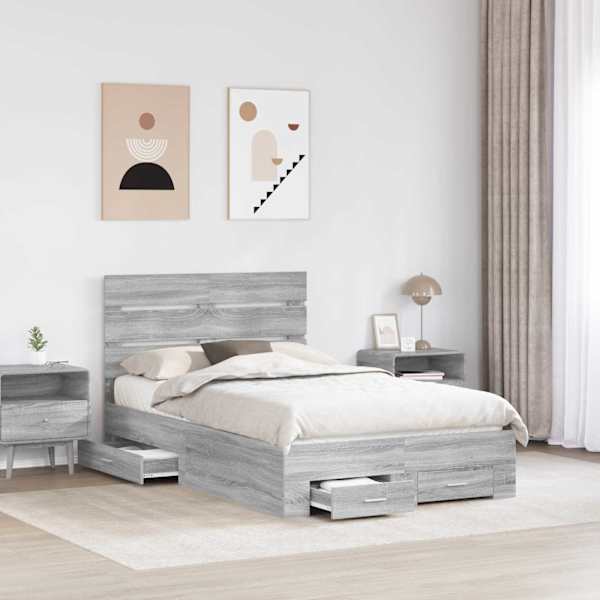Sahtlitega voodiraam peatsiga, hall sonoma, 120 × 200 cm, tehispuit — mudel 3411993