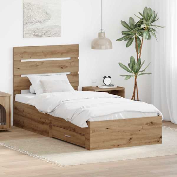 Sahtlitega voodiraam peatsiga, Artisan tamm, 90 × 200 cm, tehispuit — mudel 3412019
