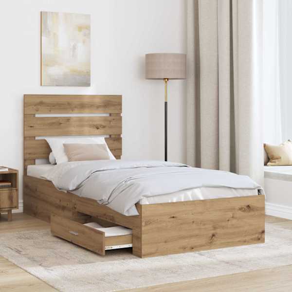 Sahtlitega voodiraam peatsiga, Artisan tamm, 90 × 200 cm, tehispuit — mudel 3412019
