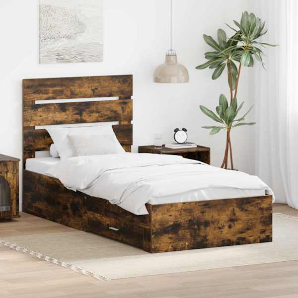 Sahtlitega voodiraam peatsiga, suitsutatud tamm, 90 × 190 cm, tehispuit — mudel 3412024