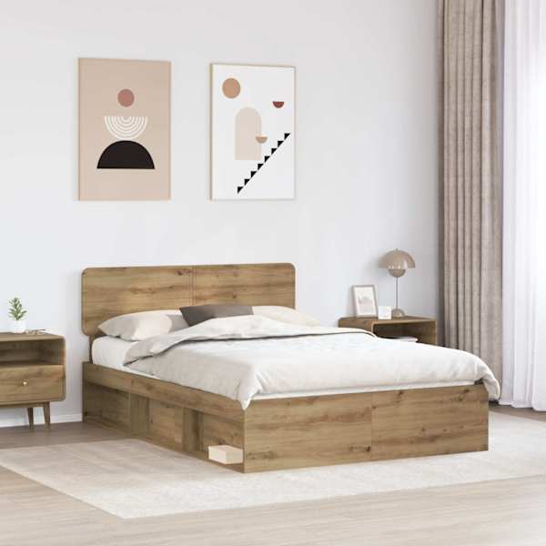 Voodiraam peatsiga, artisan tamm, 140 × 190 cm, männipuit — mudel 3412086