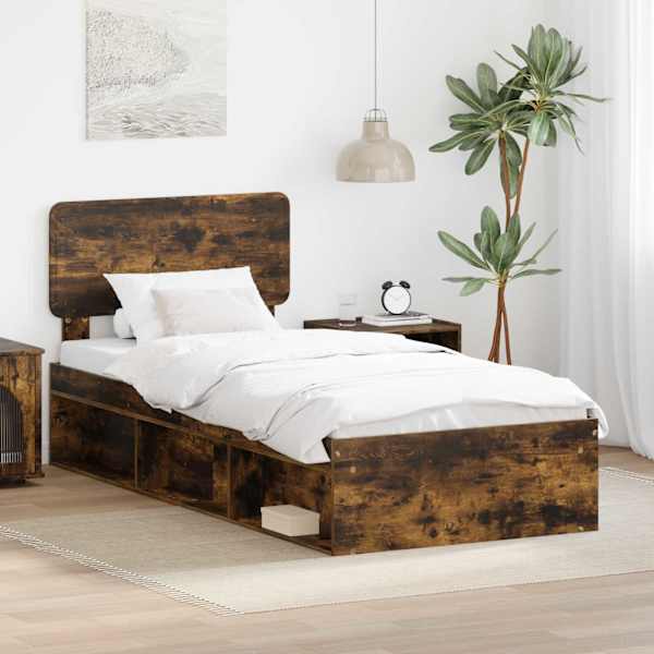 Voodiraam peatsiga, suitsutatud tamm, 90 × 190 cm, männipuit — mudel 3412136