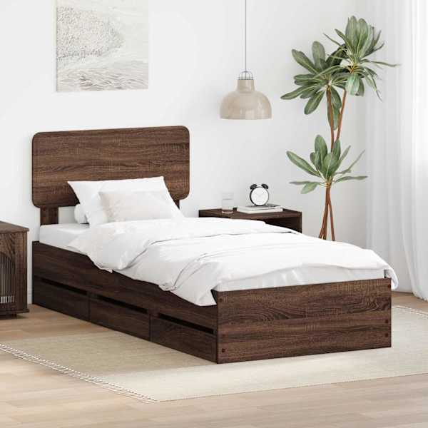 Sahtlitega voodiraam peatsiga, pruun tamm, 100 × 200 cm — mudel 3412219