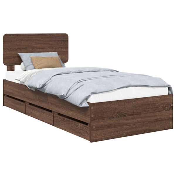 Sahtlitega voodiraam peatsiga, pruun tamm, 100 × 200 cm — mudel 3412219