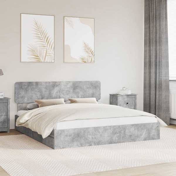 Sahtlitega voodiraam peatsiga, betoonhall, 180 × 200 cm, tehispuit — mudel 3412251