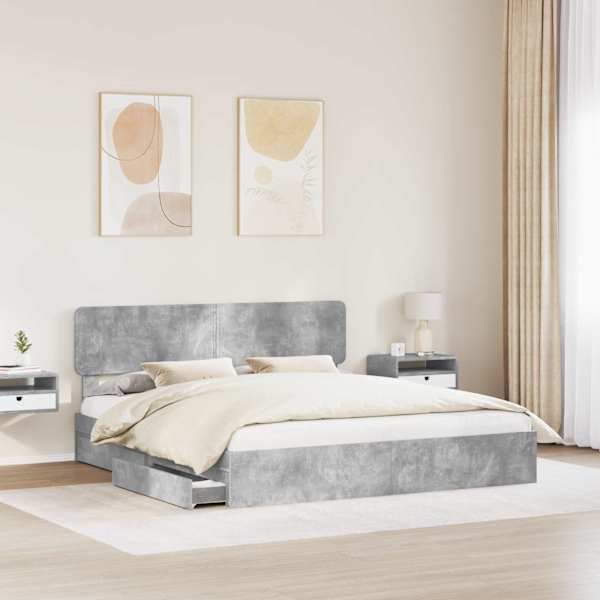 Sahtlitega voodiraam peatsiga, betoonhall, 180 × 200 cm, tehispuit — mudel 3412251