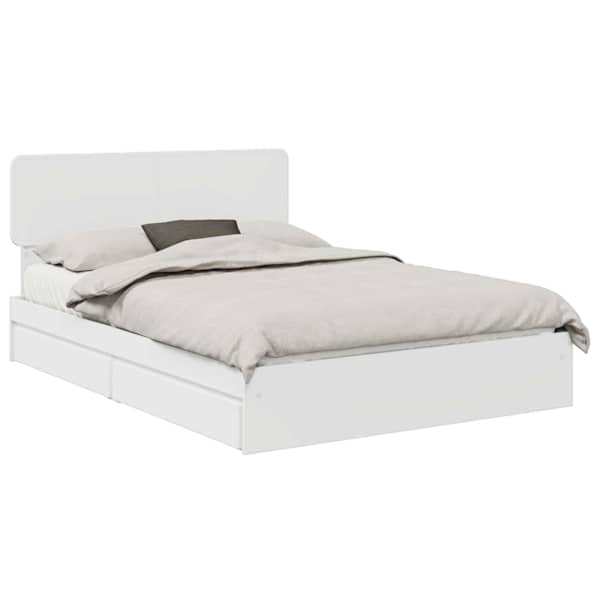 Sahtlitega voodiraam peatsiga, valge, 160 × 200 cm, tehispuit — mudel 3412255