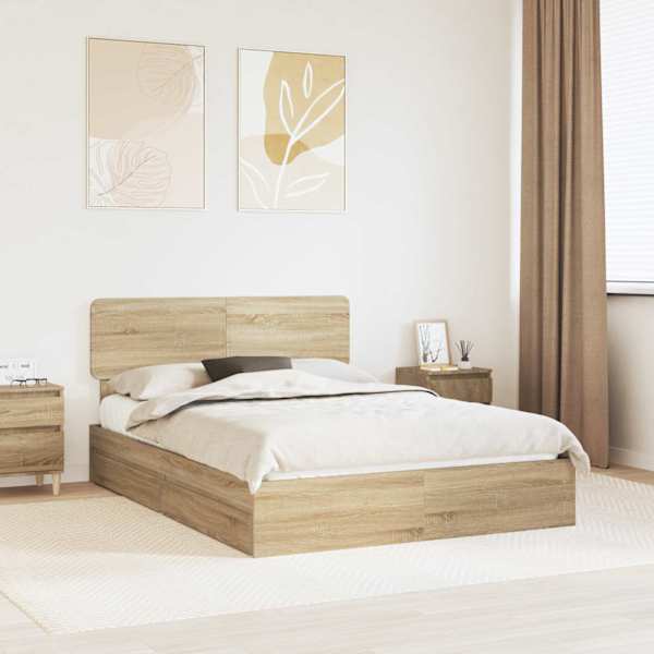 Sahtlitega voodiraam peatsiga, sonoma tamm, 160 × 200 cm, tehispuit — mudel 3412257