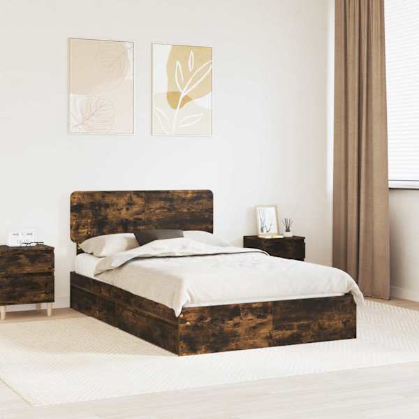 Sahtlitega voodiraam peatsiga, suitsutatud tamm, 135 × 190 cm, tehispuit — mudel 3412287