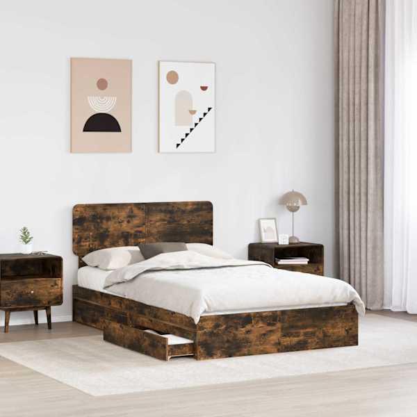 Sahtlitega voodiraam peatsiga, suitsutatud tamm, 135 × 190 cm, tehispuit — mudel 3412287