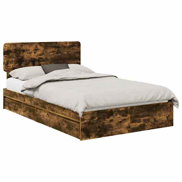 Sahtlitega voodiraam peatsiga, suitsutatud tamm, 135 × 190 cm, tehispuit — mudel 3412287