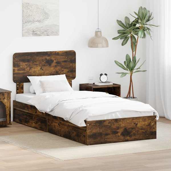Sahtlitega voodiraam peatsiga, suitsutatud tamm, 90 × 190 cm, tehispuit — mudel 3412322