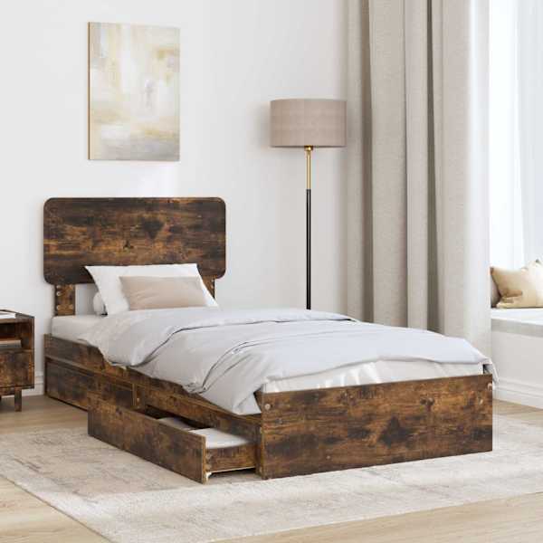 Sahtlitega voodiraam peatsiga, suitsutatud tamm, 90 × 190 cm, tehispuit — mudel 3412322