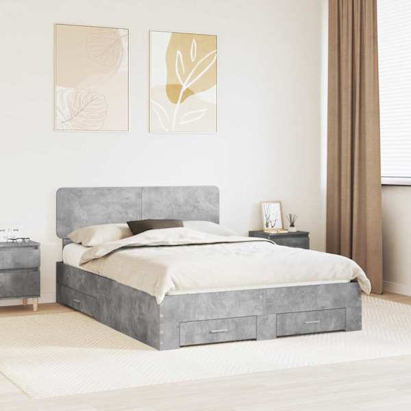Sahtlitega voodiraam peatsiga, betoonhall, 150 × 200 cm, tehispuit — mudel 3412360