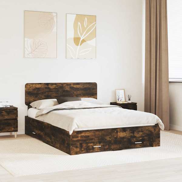 Sahtlitega voodiraam peatsiga, suitsutatud tamm, 140 × 200 cm, tehispuit — mudel 3412368
