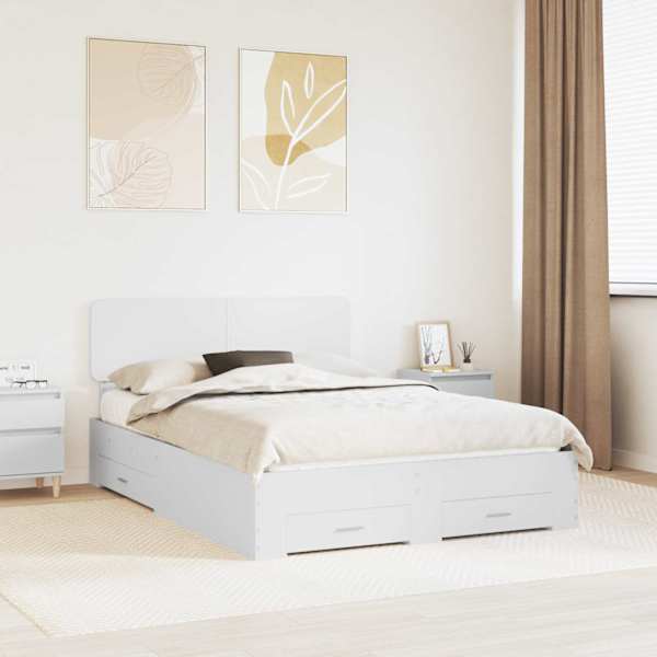 Sahtlitega voodiraam peatsiga, valge, 140 × 190 cm, tehispuit — mudel 3412373