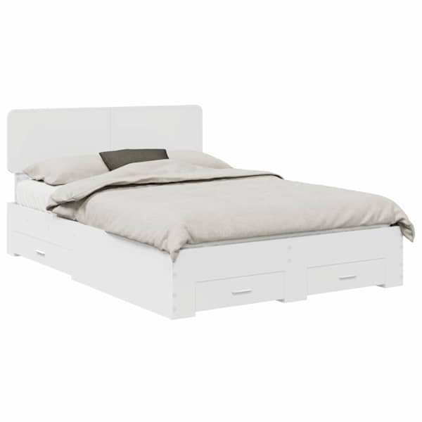 Sahtlitega voodiraam peatsiga, valge, 140 × 190 cm, tehispuit — mudel 3412373
