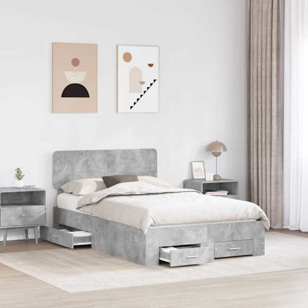Sahtlitega voodiraam peatsiga, betoonhall, 135 × 190 cm, tehispuit — mudel 3412385