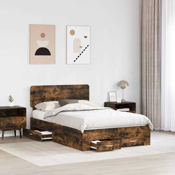Voodiraam peatsiga, suitsutatud tamm, 120 × 200 cm, tehispuit — mudel 3412395