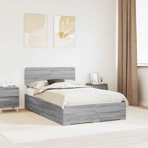 Voodiraam peatsiga, hall sonoma, 120 × 200 cm, tehispuit — mudel 3412396