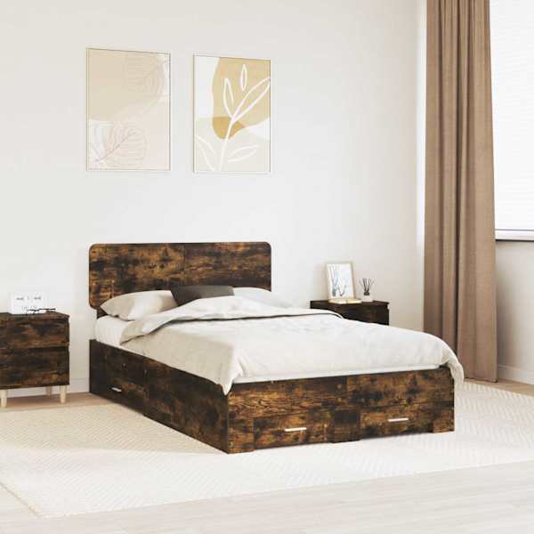 Sahtlitega voodiraam peatsiga, suitsutatud tamm, 120 × 190 cm, tehispuit — mudel 3412404