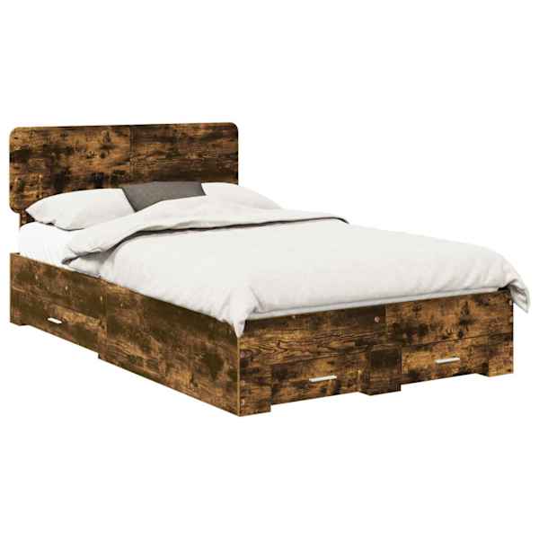 Sahtlitega voodiraam peatsiga, suitsutatud tamm, 120 × 190 cm, tehispuit — mudel 3412404