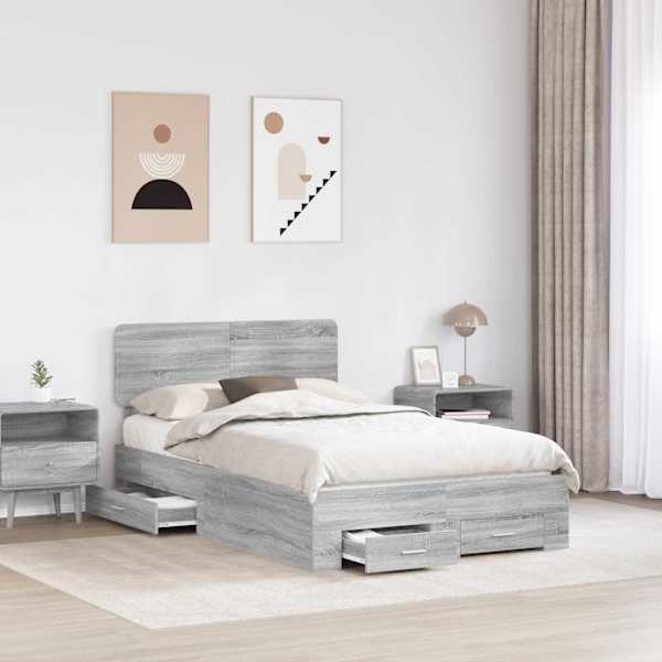 Sahtlitega voodiraam peatsiga, hall sonoma, 120 × 190 cm, tehispuit — mudel 3412405