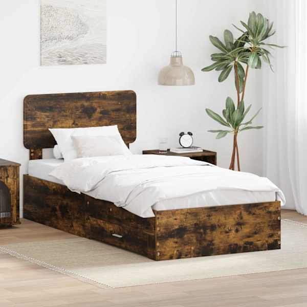 Sahtlitega voodiraam peatsiga, suitsutatud tamm, 100 × 200 cm, tehispuit — mudel 3412413