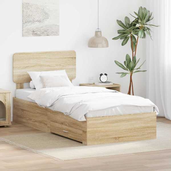 Sahtlitega voodiraam peatsiga, sonoma tamm, 90 × 200 cm, tehispuit — mudel 3412420