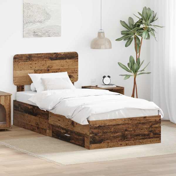 Sahtlitega voodiraam peatsiga, vana puit, 90 × 200 cm, tehispuit — mudel 3412425