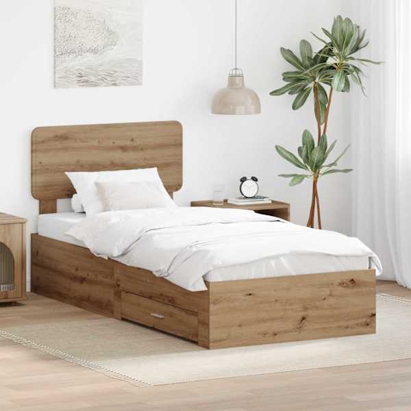 Sahtlitega voodiraam peatsiga, Artisan tamm, 90 × 190 cm, tehispuit — mudel 3412435