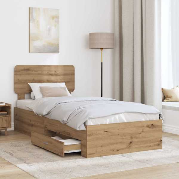 Sahtlitega voodiraam peatsiga, Artisan tamm, 90 × 190 cm, tehispuit — mudel 3412435