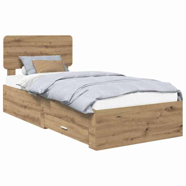 Sahtlitega voodiraam peatsiga, Artisan tamm, 90 × 190 cm, tehispuit — mudel 3412435