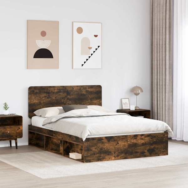 Voodiraam peatsiga, suitsutatud tamm, 140 × 200 cm, männipuit — mudel 3412483