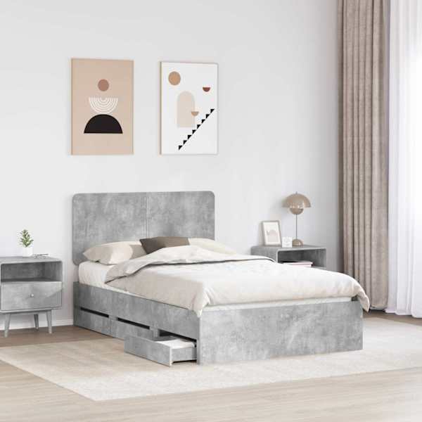 Sahtlitega voodiraam peatsiga, betoonhall, 135 × 190 cm — mudel 3412605