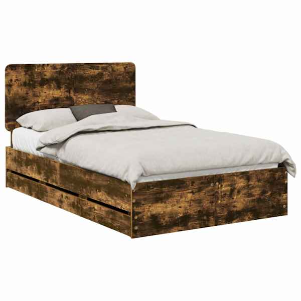 Sahtlitega voodiraam peatsiga, suitsutatud tamm, 135 × 190 cm — mudel 3412606
